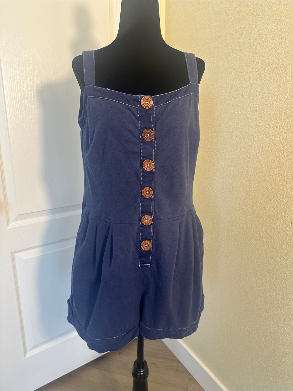 Nick & Mo Anthropology Blue Cotton button down romper Shortalls. Size large
